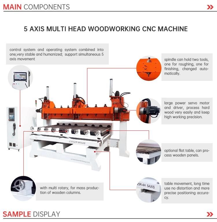 CNC Multi Head Wood Working Cylinder 5 Axis Router Machine with Rotary Axis