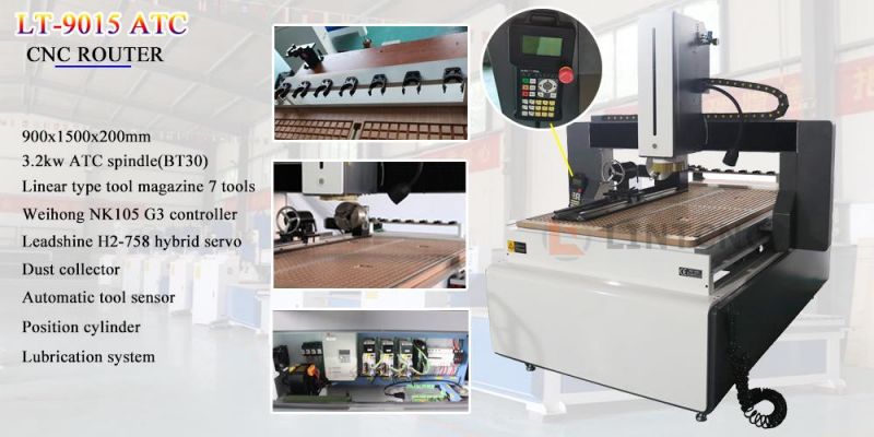 900X1500mm Mini Atc Machinery 3D CNC Router with Linear Tool Magazine 1.5kw 2.2kw 3.2kw 9015 9012 Automatic Cutter Changing CNC Machine for Wood Aluminum