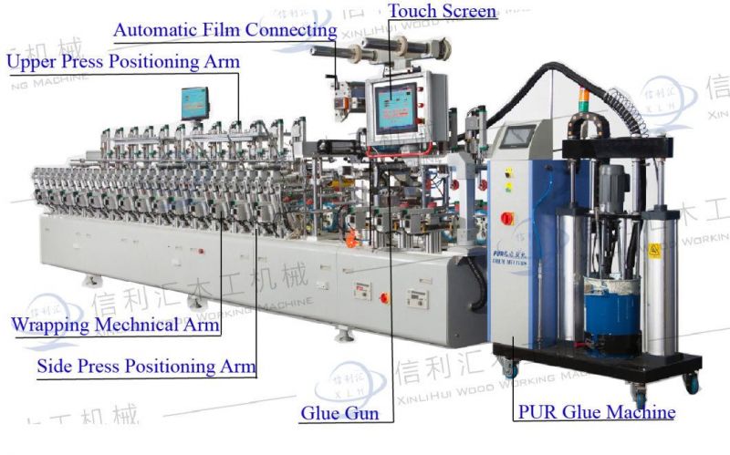 Full Automatic Hot Melt Glue Film Laminating Machine for Profiles with Automatic Arms for WPC Board/ Marble Board/ Acrylic Board/ PVC MDF Door