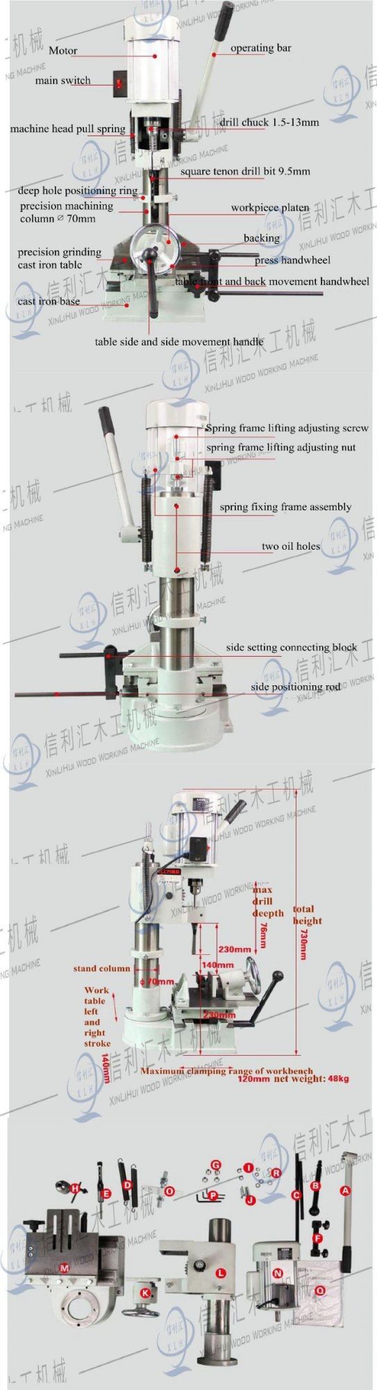 Mortising Machine for Various Types of Holes for Sharpener and Tool Shop Drilling Rig, Machinery Work Wood Industrial Workshop Hand Tools