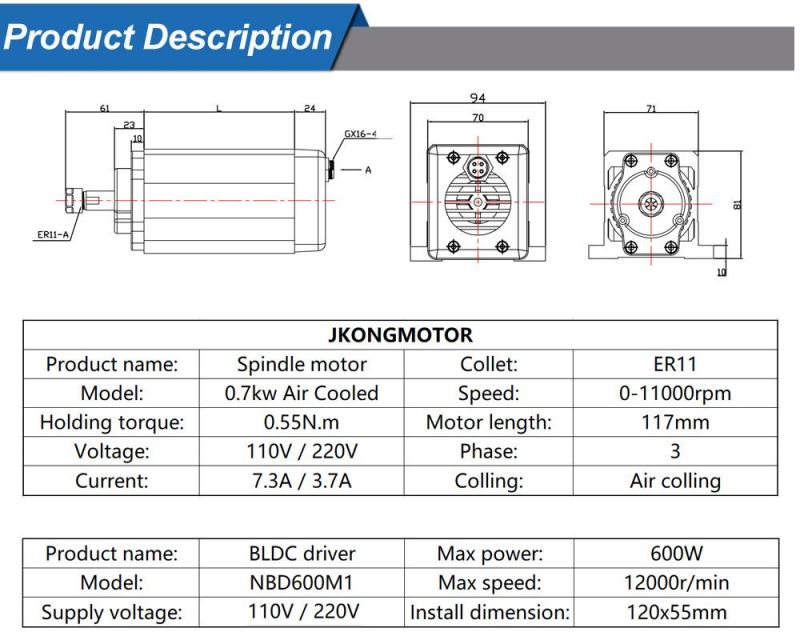 High Speed CNC Lathe Router Milling Air Cooling Water Cooled AC Spindle Motor 0.7kw DC Brushless Spindle Motor with Inverter Kit