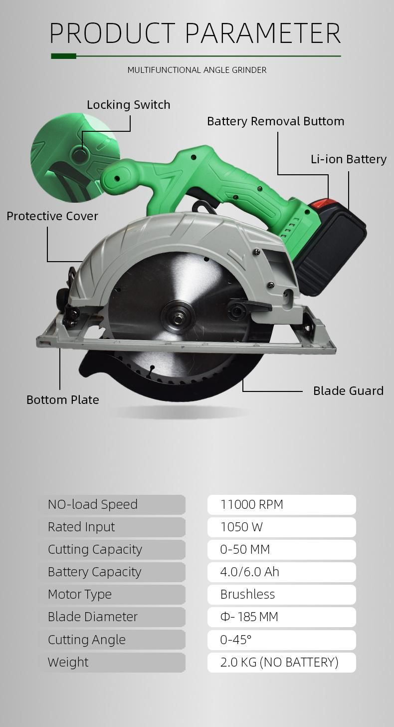 Electric Cordless Brushless Circular Saw Copper Motor Double-Lock Multifunction Angle-Adjustment