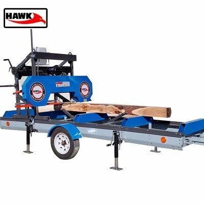 Mobile Timber Wood Cutting Band Saw Machine 26&quot; Gasoline Wood Horizontal Portable Band Sawmill with Trailer