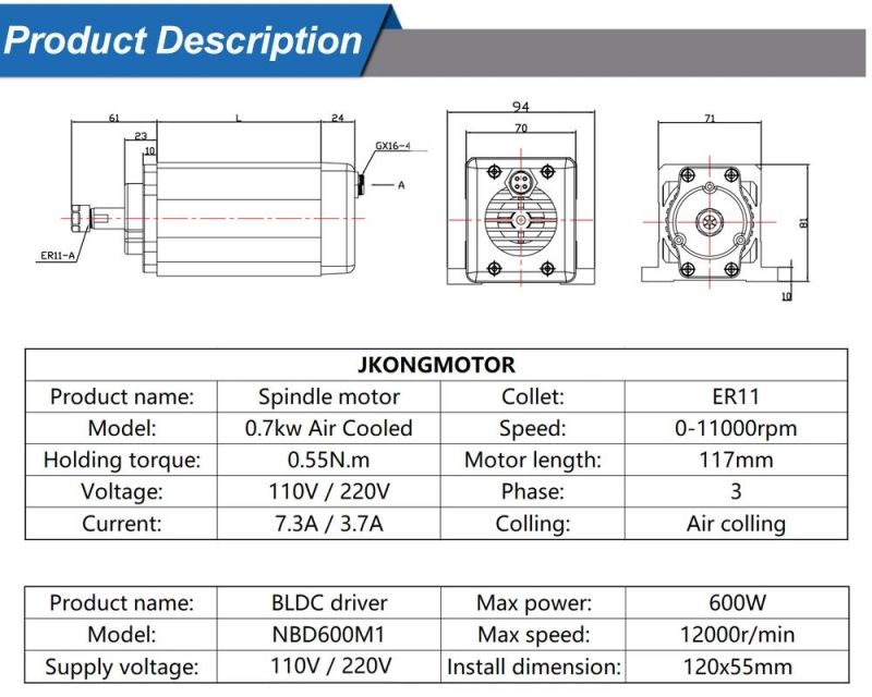 110V /220V Air Cooled Spindle Motor 700W Er11 0.7kw Air Cooling DC Brushless Motor Driver with Inverter /Driver Power Supply