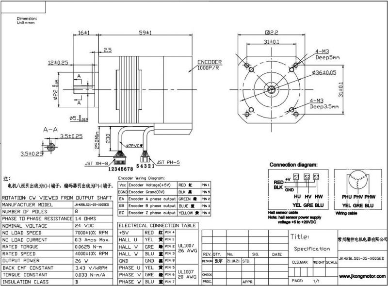 Factory Price 24V 26W 7000 Rpm 0.0625n. M 42mm BLDC Motor with Hall Sensor/Encoder 1000PPR